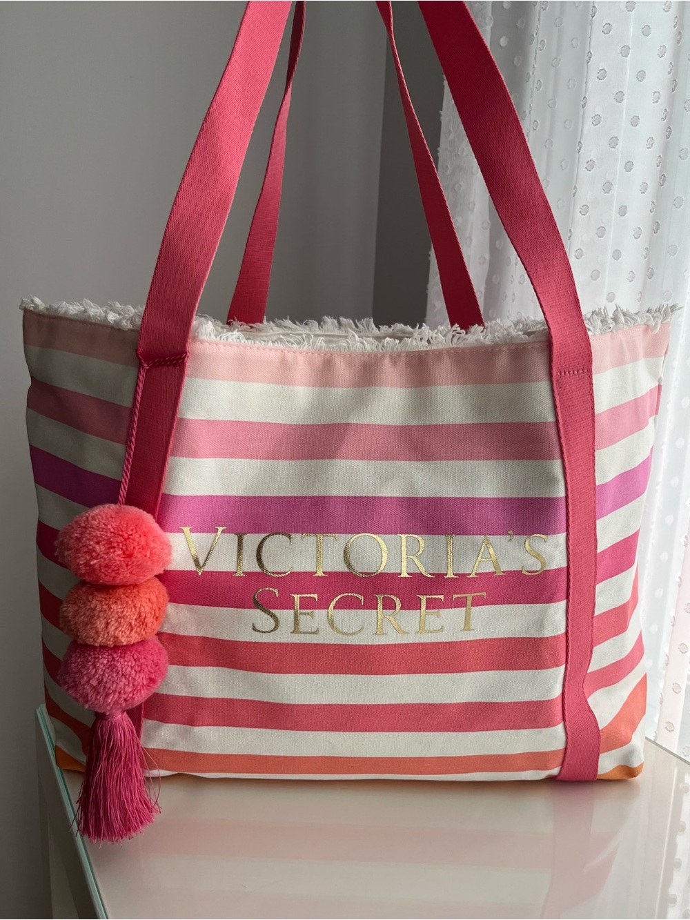Victoria's Secret Y2K Pink, Coral & White Striped Beach Tote with Pom-Poms